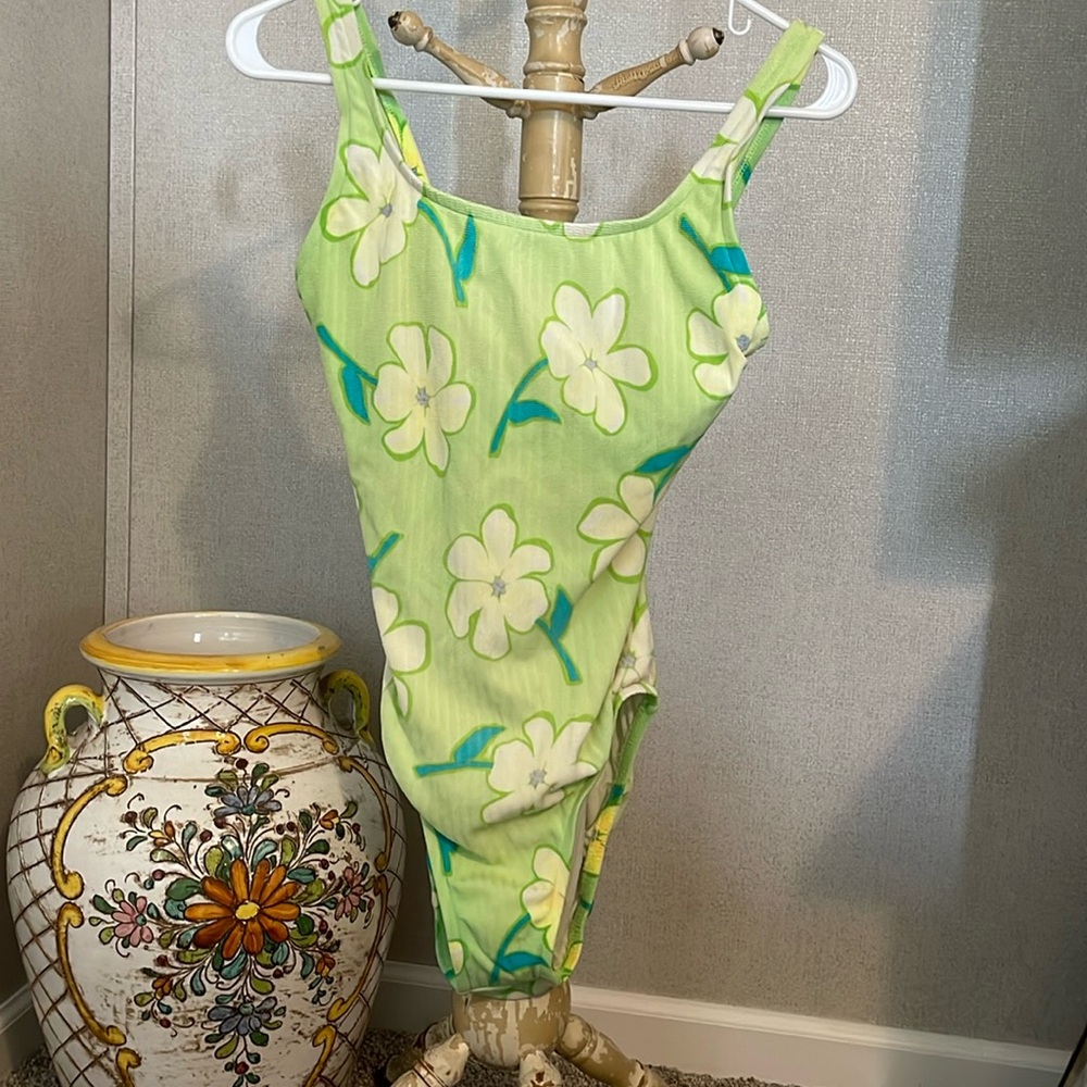 Vintage south point lime green floral one piece swimsuit